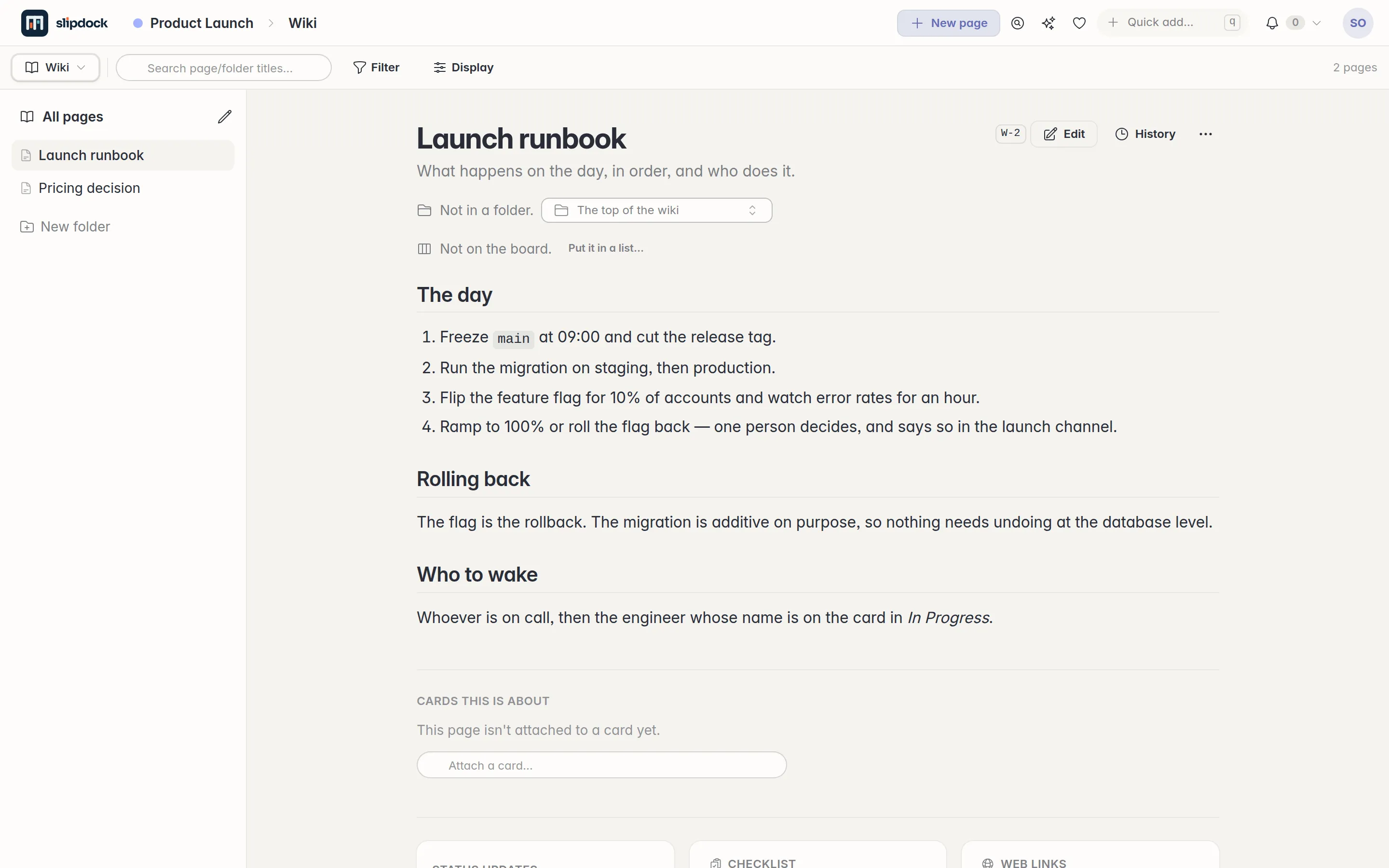 A wiki page called Launch runbook, beside the board it belongs to